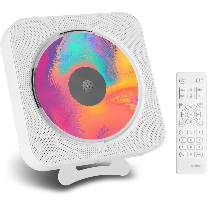 Портативен CD плейър WALALLA, Bluetooth, FM радио, MP3, бял, 16.7x16.7x3cm