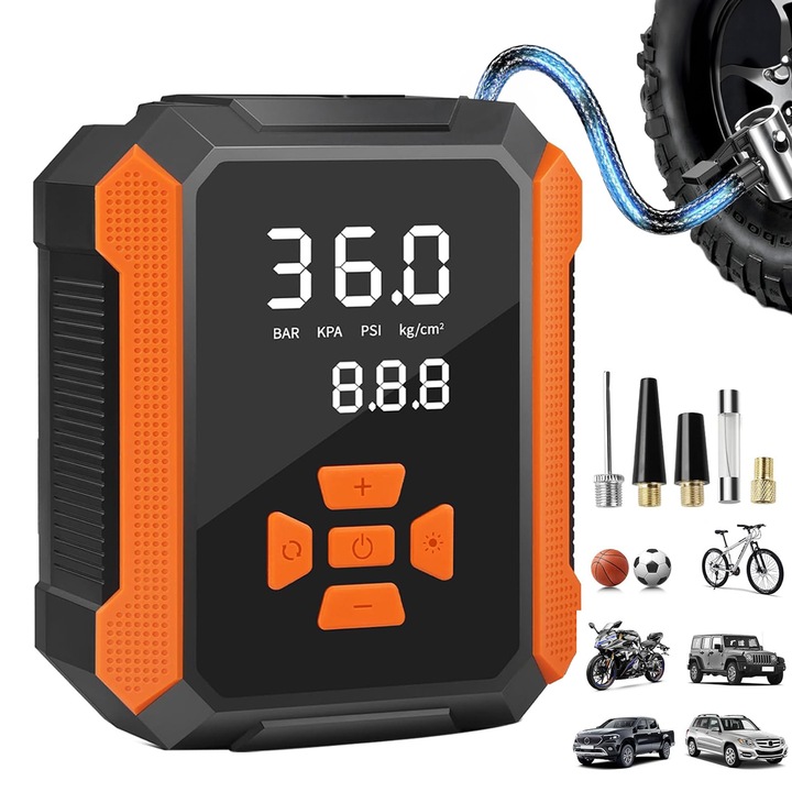 Compresor auto portabil, 3 in 1, BYONDSELF®, 120 W, 20L/Min, Lanterna LED, DC 12V, 150 PSI, Afisaj Digital LCD, Lumina de Alarma sos, Umflare Roti, Minge, Bicicleta, Usor de Utilizat, Oprire Automata, Portocaliu
