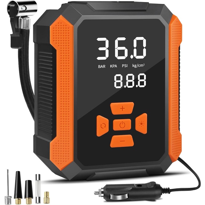 Compresor Auto Digital, 3 in 1, BYONDSELF®, 150 PSI, Teva de aer 3m, 20L/Min, Lanterna LED, 12V, Oprire Automata, Lumina de Alarma sos, Afisaj Digital LCD, Umflare Roti, Minge, Bicicleta, Portocaliu