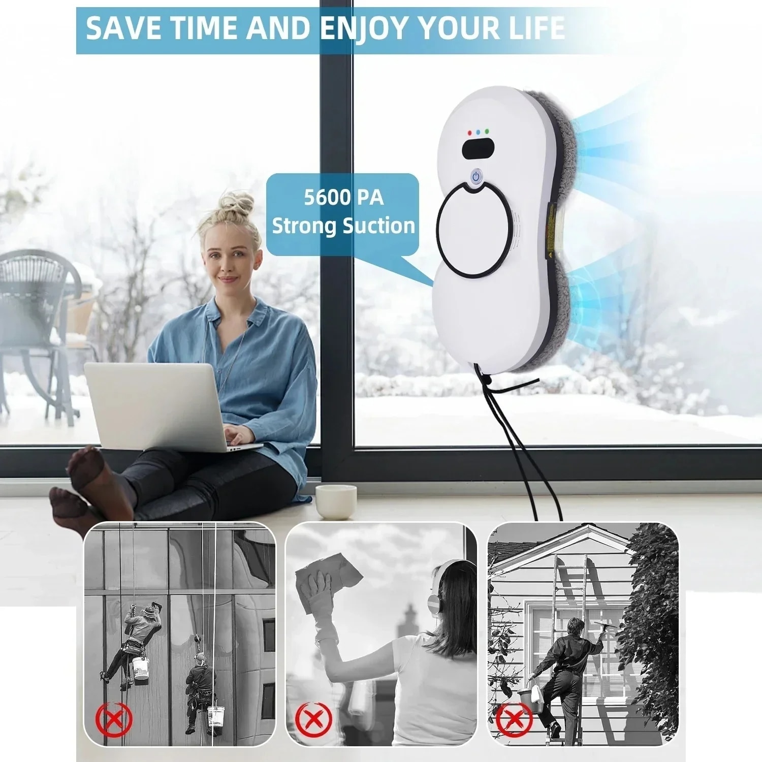 Robot de curatare geamuri, WALALLA, Pulverizare de apa unidirectionala, UPS incorporat, Rezervor de apa de 30 ml, Cu telecomanda, Laveta de rezerva 10 buc, Aspiratie 5600 Pa, 500 mAh, Alb/Negru
