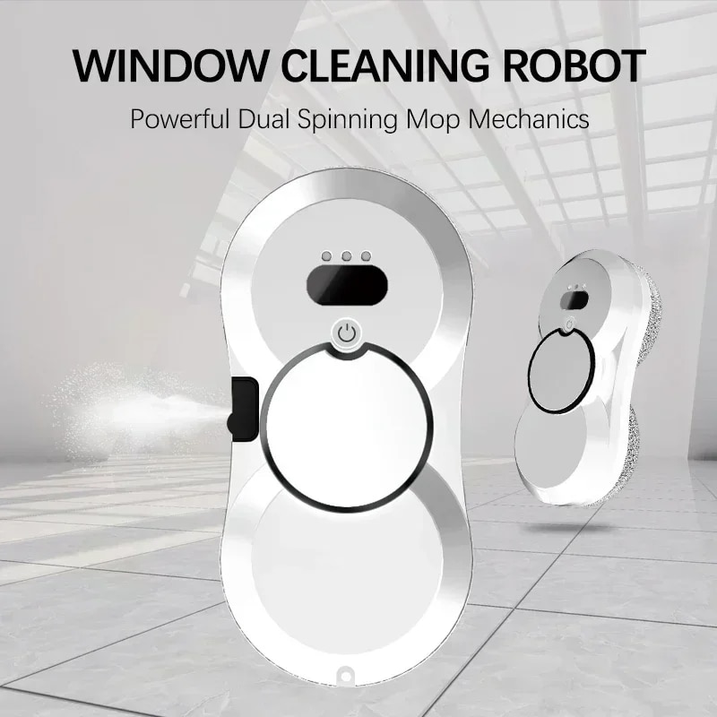 Robot de curatare geamuri, WALALLA, Pulverizare de apa unidirectionala, UPS incorporat, Rezervor de apa de 30 ml, Cu telecomanda, Laveta de rezerva 10 buc, Aspiratie 5600 Pa, 500 mAh, Alb/Negru