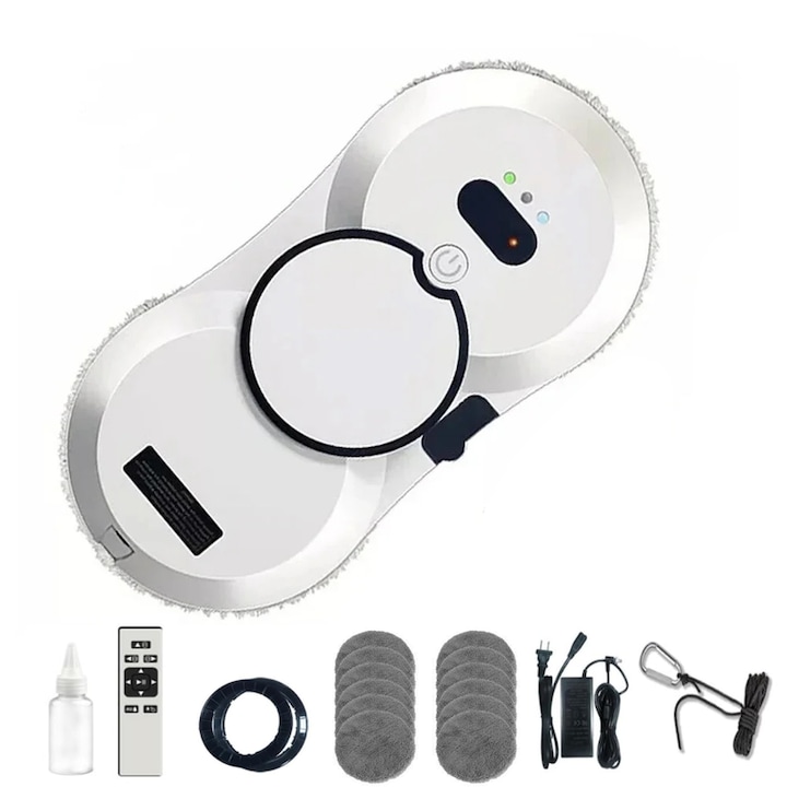 Робот за почистване на прозорци, WALALLA, Еднопосочен воден спрей, Вграден UPS, 30 мл резервоар за вода, С дистанционно управление, Резервна кърпа 10 бр., Всмукване 5600 Pa, 500 mAh, Бял/Черен