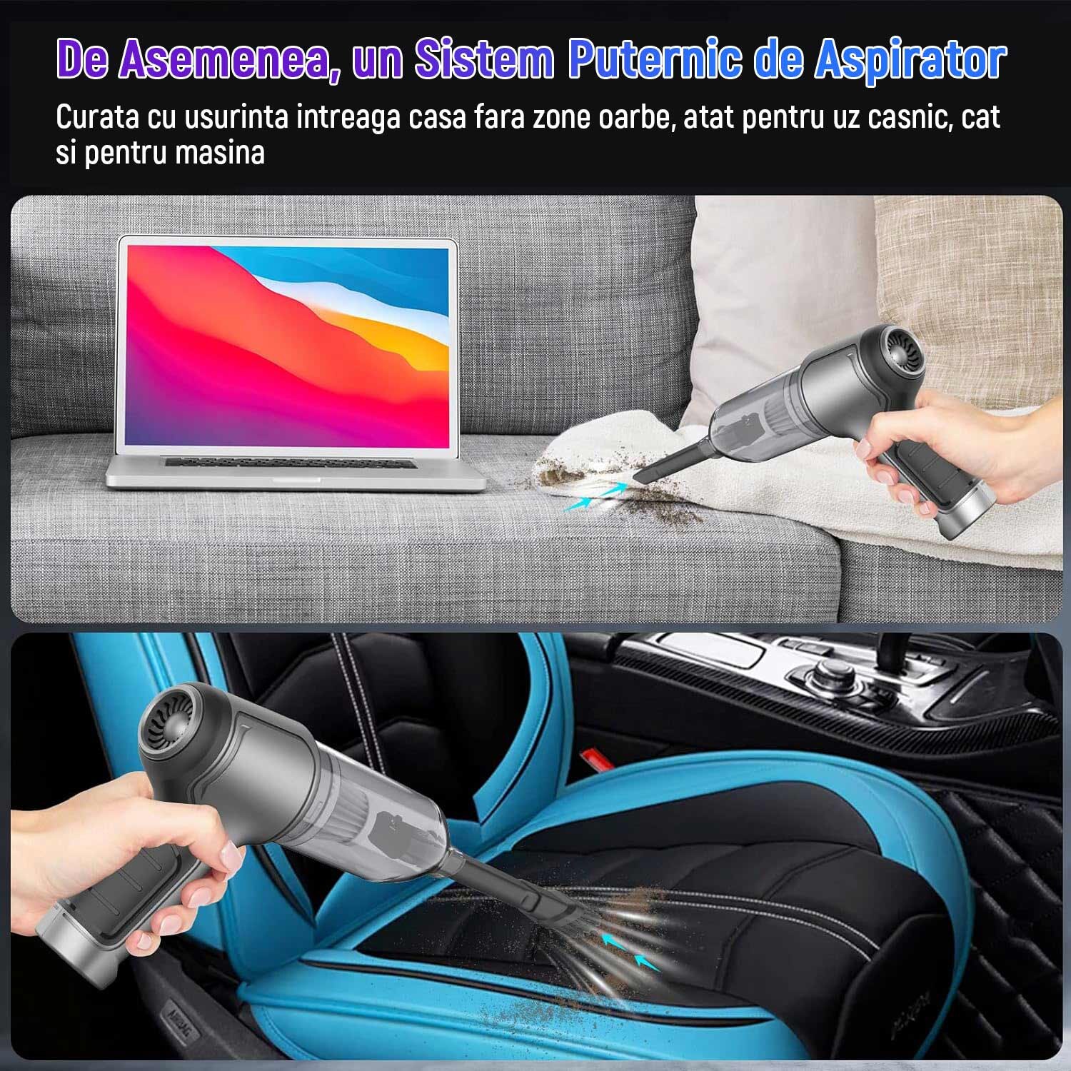 Aspirator de mana 3 in 1, cu 5 accesorii, tehnologie fara perii, 19000 PA, 35500 RPM, 4000mAh, 120W, YQLAFT, Negru