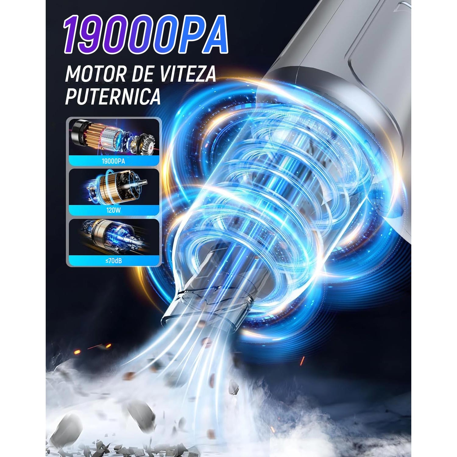 Aspirator de mana 3 in 1, cu 5 accesorii, tehnologie fara perii, 19000 PA, 35500 RPM, 4000mAh, 120W, YQLAFT, Negru