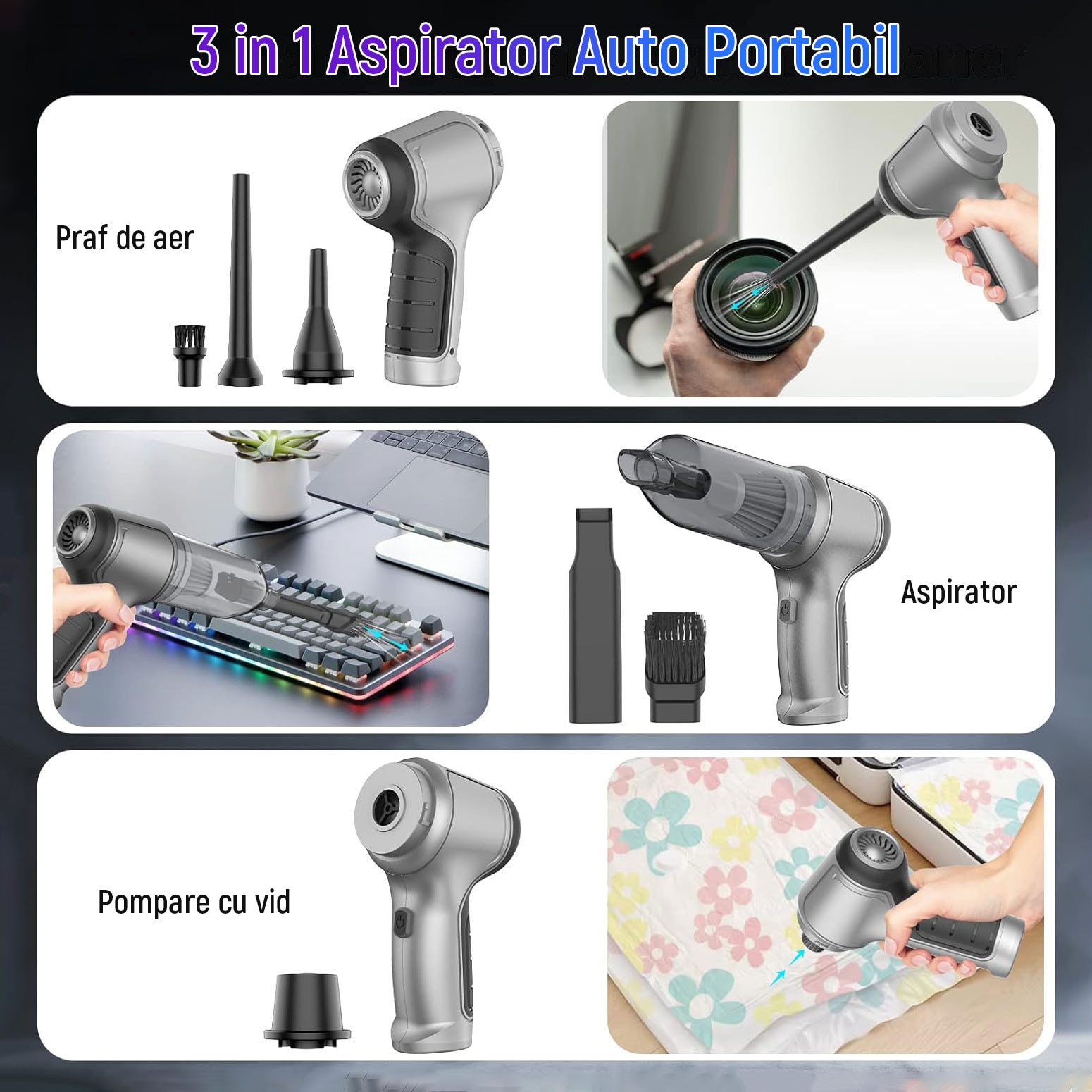 Aspirator de mana 3 in 1, cu 5 accesorii, tehnologie fara perii, 19000 PA, 35500 RPM, 4000mAh, 120W, YQLAFT, Negru