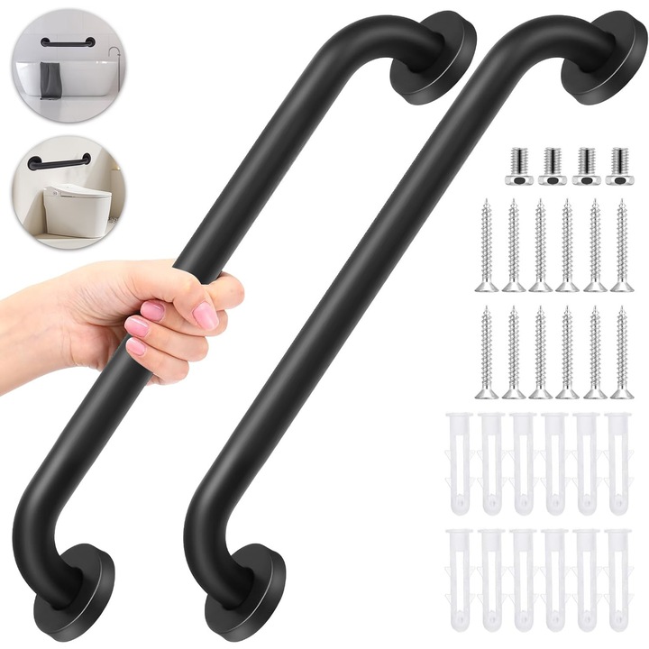 Set 2 Bare de Sprijin Baie, BYONDSELF®, Otel Inoxidabil, Maner din Silicon Anti-alunecare, Greutate Maxima Suportata 120 KG, Multifunctional, Potrivit pentru Batrani, Copii si Persoane cu Dizabilitati, Negru