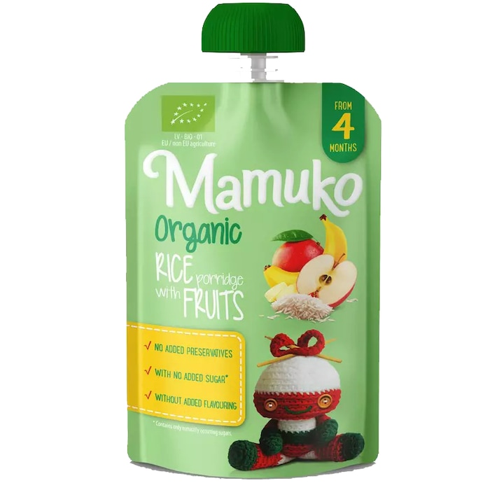 Porridge Bio Mamuko, orez cu fructe, fara zahar, 100g, de la 4 luni