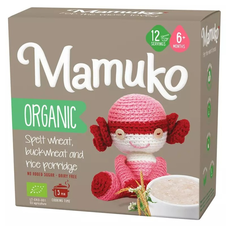 Porridge Bio Mamuko, 3 cereale spelta, hrisca si orez, fara zahar, 200g, de la 6 luni