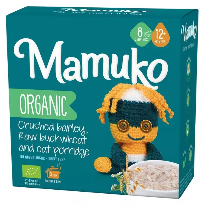 Porridge Bio Mamuko, 3 cereale cu fulgi de ovaz, hrisca si orz, fara zahar, 200g, de la 12 luni