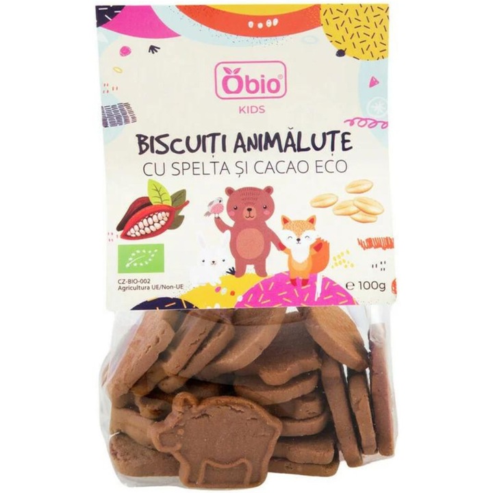 Biscuiti Bio Obio, in forma de animalute cu spelta si cacao, 100g, de la 1 an