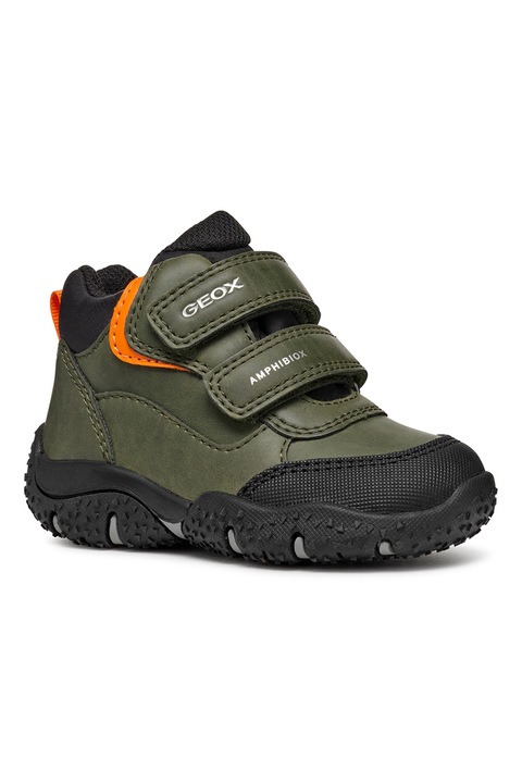 Geox, Ghete impermeabile din piele ecologica cu insertii din material textil, Negru/Portocaliu mandarina/Verde aquamarin