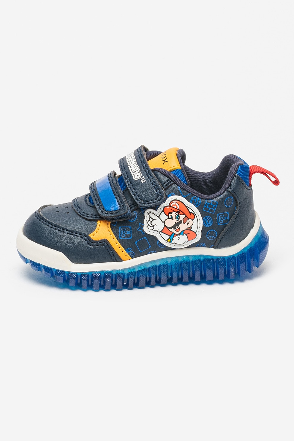 Geox, Pantofi sport cu velcro si imprimeu cu desene Lightyloo, Albastru inchis, Portocaliu persan, Alb optic, 20 EU