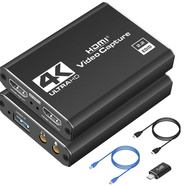 Карта за заснемане 4K HDMI, USB/HDMI/TypeC, Комплект кабели, Full HD 1080P, 60FPS, USB връзка с видео жак и основна аудио карта за аудио и видео за Nintendo Switch/PS5/3ds/Xbox/PS4, черен