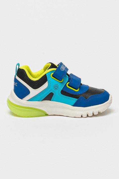 Geox, Pantofi sport de piele cu design grafic, Albastru royal/Verde lime