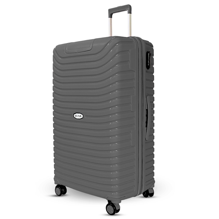 Среден куфар Bezubi Easy Travel, ръчен багаж, 71x44x32, обем 88 литра, телескопична дръжка, 4 безшумни двойни колела, въртене на 360 градуса, затваряне с цип и цифри, разделяне с джоб, специален гъвкав нечуплив PP материал, сив