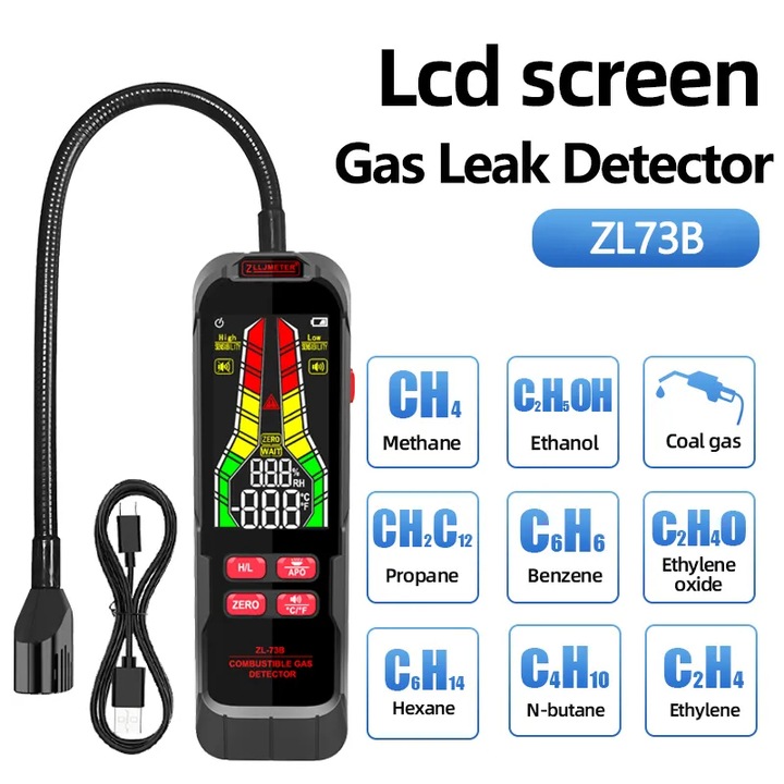 Detector gaz WALALLA, 50-10000ppm, reincarcabil, alarma sonora, lanterna LED