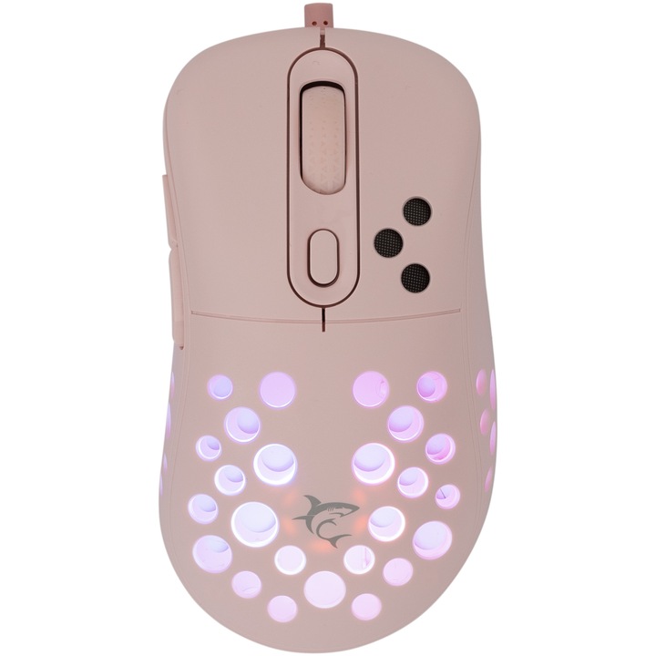 Mouse Gaming cu fir White Shark AZRAEL, 12.800 DPI, 1.000Hz, 66IPS, 20G, Chipset INSTANT A825, Switch-uri HUANO, Butoane Programabile, RGB LED, Cablu Paracord 1,8m, 86gr., Matte Coating, Roz