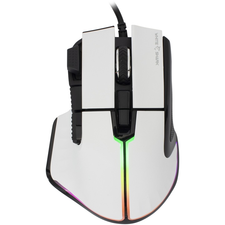 White Shark Marrok gaming egér, 12000 DPI, 1000Hz, 66IPS, 22.5G, Sunplus 6662 chipset, HUANO switch, Programozható gombok, RGB LED, 1.8m kábel, 130g, Matt bevonat, Fehér