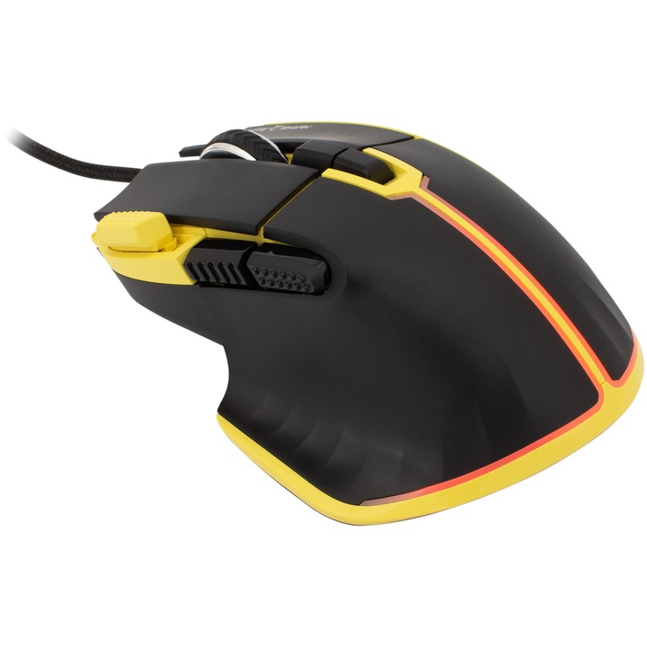 Мишка Gaming White Shark MARROK, С кабел, 12 000 DPI, 1000 Hz, 66IPS, 22.5 G, Chipset SUNPLUS 6662, Превключватели HUANO, Програмируеми бутони, RGB LED, Кабел с оплетка 1.8 м, 130 гр, Matte Coating, Черен/Жълт