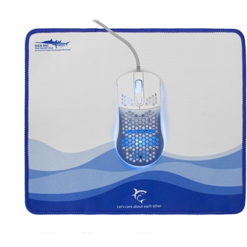 Gaming Combo Mouse + Pad White Shark MEGALODON, Mouse Gaming 7200 DPI, 1.000Hz, 60IPS, 20G, Chipset INSTANT A825, Switch-uri HUANO 10M, RGB LED, Cablu braided 1,8m + Mouse Pad 30 x 25 x 0.3cm, Alb Albastru