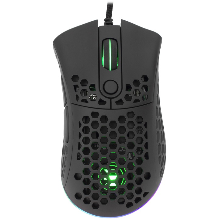 Mouse Gaming cu fir White Shark SHURIKEN, 19.000 DPI, 1.000Hz, 400IPS, 50G, Chipset PIXART PMW 3370 + MCU 8948 + TTC Encoder, Switch-uri LK 100 M(L+R); Omron 20 M (laterale), Butoane Programabile, RGB LED, Cablu braided 1,8m, 65gr., Powder Coating, Negru
