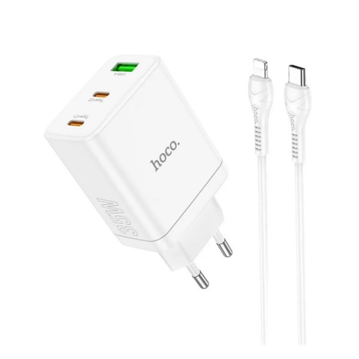 Hoco n33 hálózati töltő usb+2 type-c aljzat, 35w, pd gyorstöltő 3.0 + lightning kábel, fehér