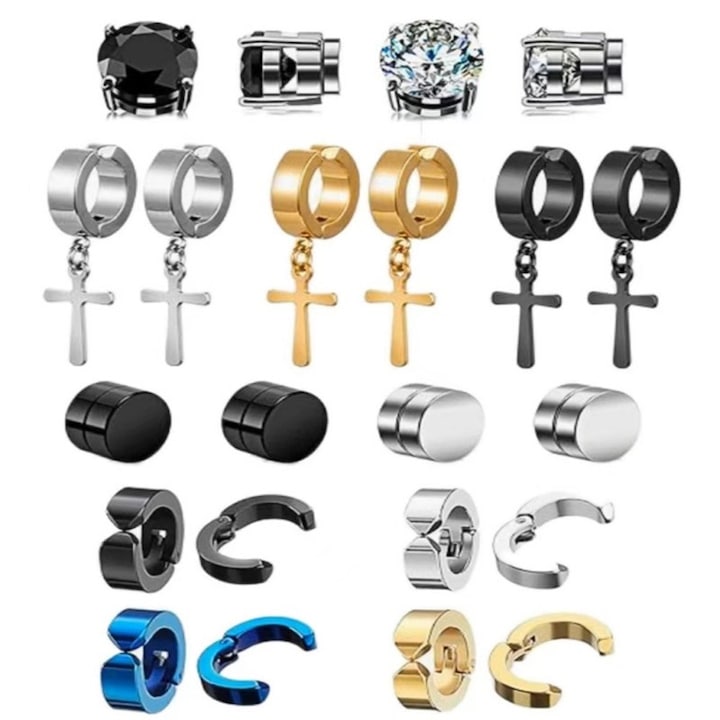 Set 11 Perechi Cercei Magnetici, Otel Inoxidabil, Pentru Barbati, Multicolor