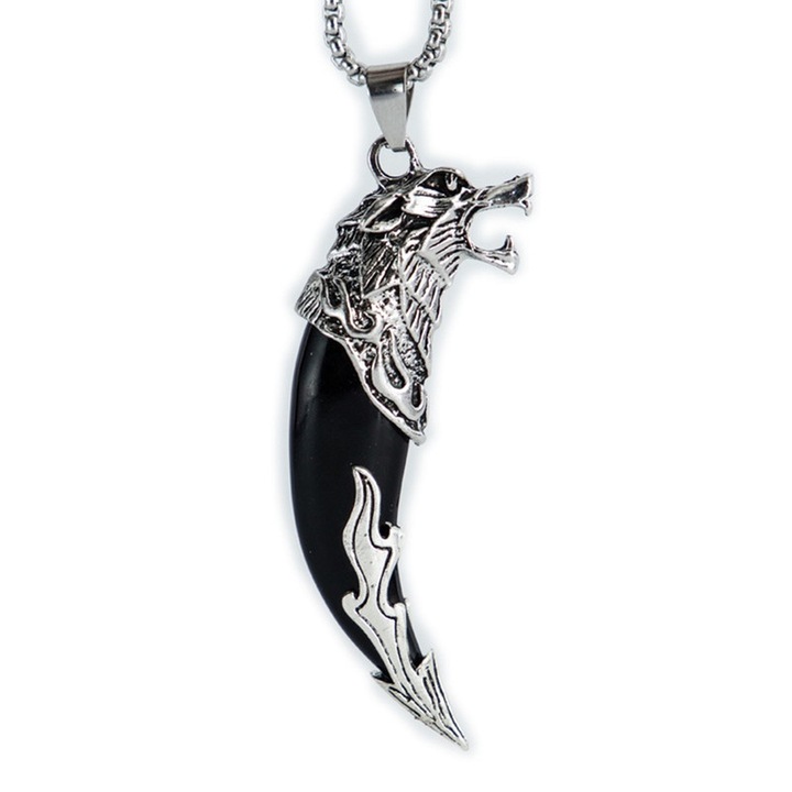 Colier barbati, pandantiv colt de lup, lant inox, 60cm, 20g, Negru