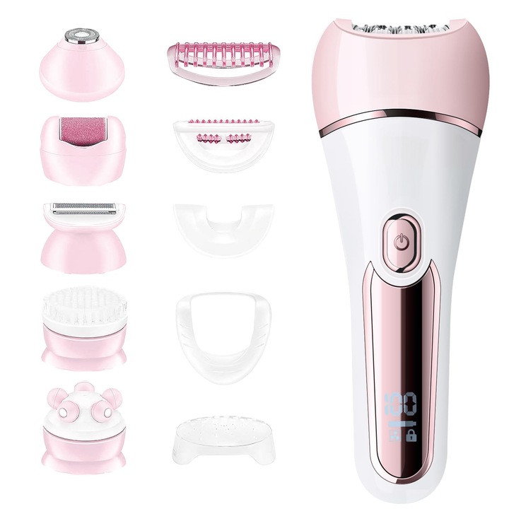 Epilator clasic, 6 in 1, rezistent la apa IPX7, roz