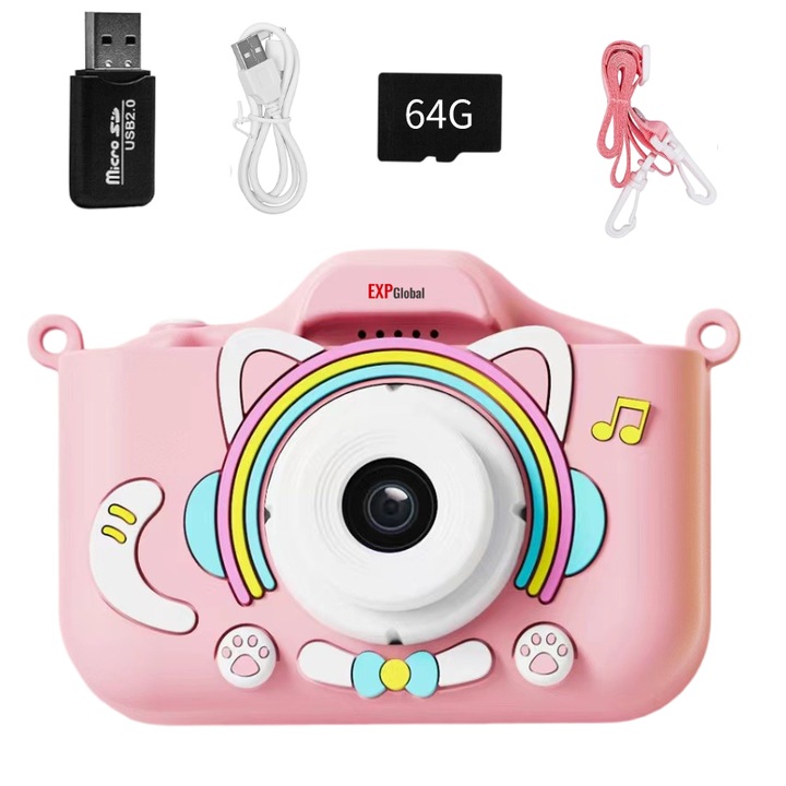 Camera foto copii, 64GB SD card, 1080P HD, 2.0 inch, 1000mAh, 5V, Camera foto pentru copii Pint Kids Clover Kids Camera, cadouri de ziua de nastere pentru fete si baieti, 8 x zoon, Roz