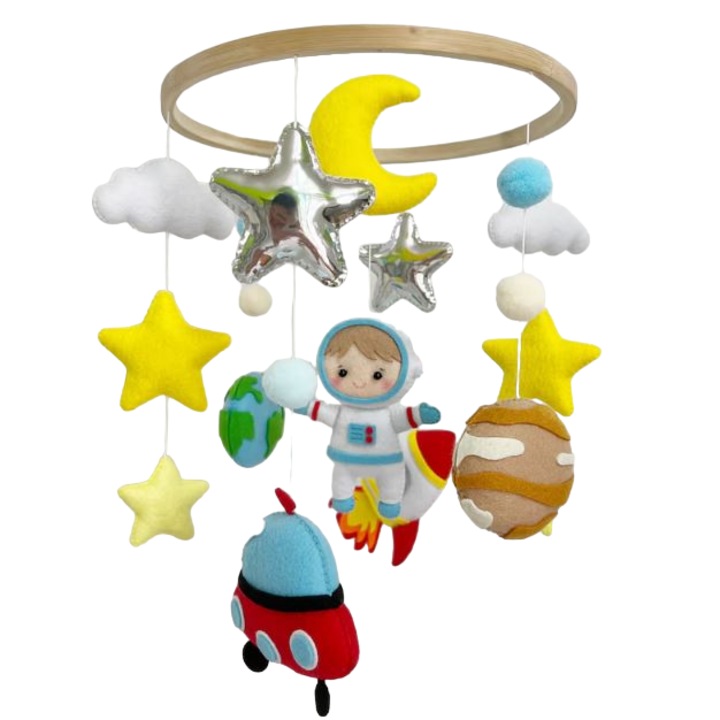 Carusel Pentru Patut Bebe cu Astronaut, Bumbac/Lemn TEOX