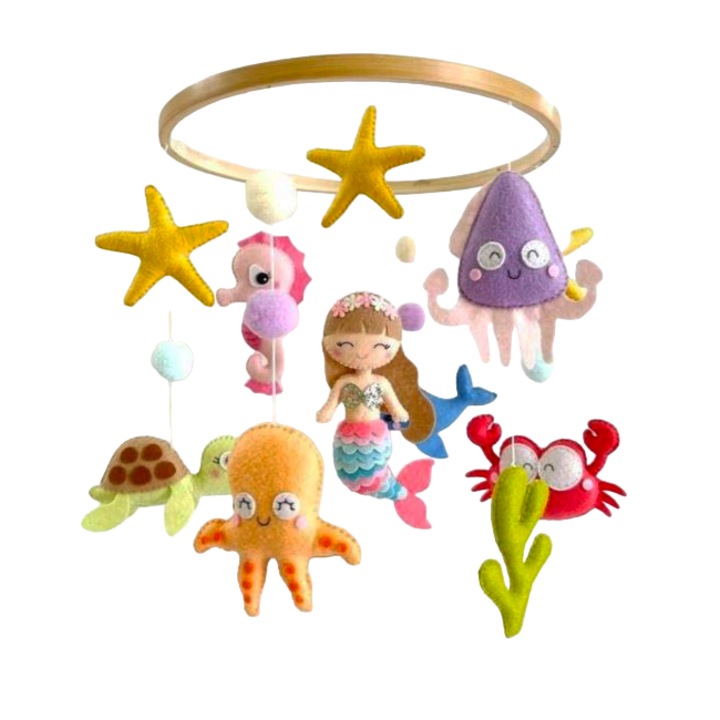 Carusel Pentru Patut Bebe cu Sirena, Bumbac/Lemn TEOX