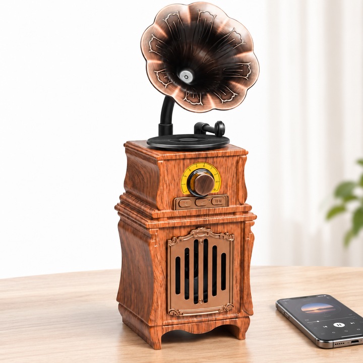 Boxa Portabilă Bluetooth WALALLA, Design Vintage, Radio FM, Bluetooth 5.3, 5W, Bass, Baterie 1800mAh, Autonomie până la 6 Ore, USB, Card TF și AUX, Maro