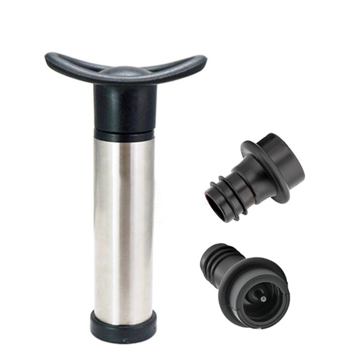 Set conservare vin, pompa vacuum cu 2 dopuri, inox, reutilizabil, Chimi, pentru toate tipurile de sticle