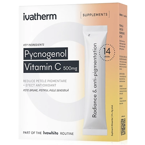 Pycnogenol si Vitamin C supliment alimentar antioxidant pentru reducerea petelor pigmentare, 14 plicuri, Ivatherm