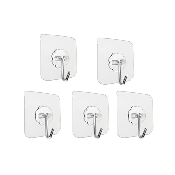 Set 5 Suporturi de baie, Punch-Free, transparent, 6x6cm