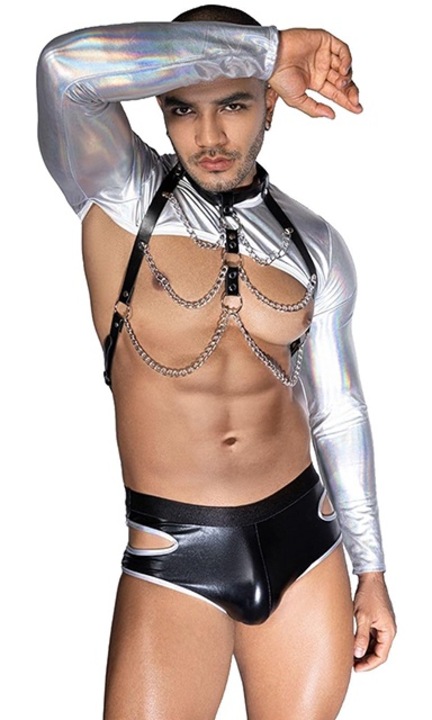 Set lenjerie sexy barbati, Notekisskai, argintiu/negru, poliester, one size