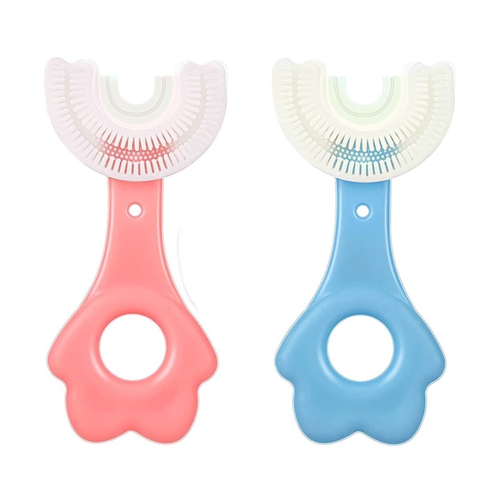 Gyermek fogkefék, U alakú, szilikon, szett, rózsaszín/kék