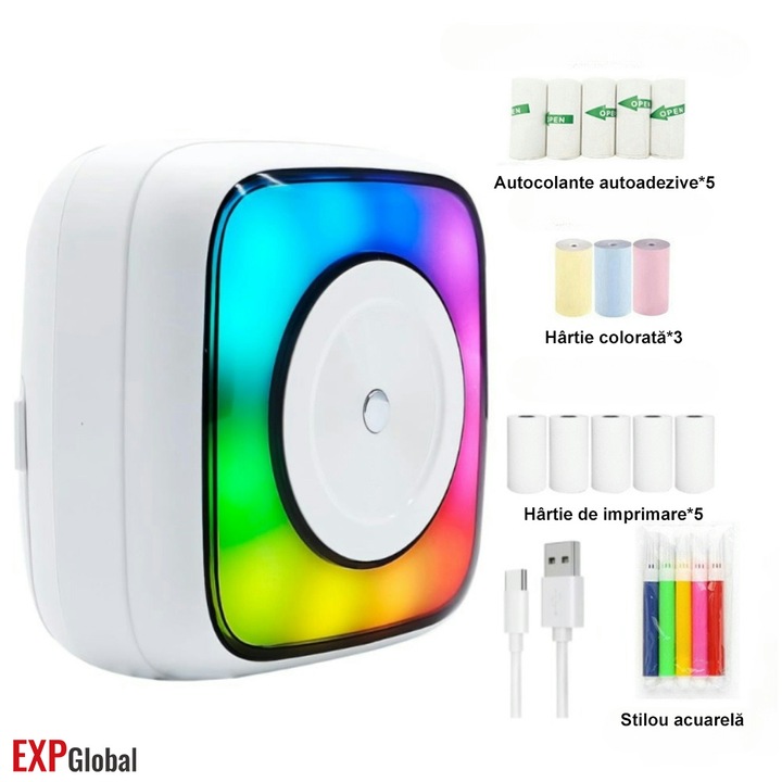 Imprimanta termica portabila, Mini imprimanta portabila, imprimanta autocolanta fara cerneala, mini imprimanta termica fara fir Bluetooth compatibila cu iOS + Android pentru jurnal, memo, fotografie, imprimare Pod Cadouri pentru fete Copii