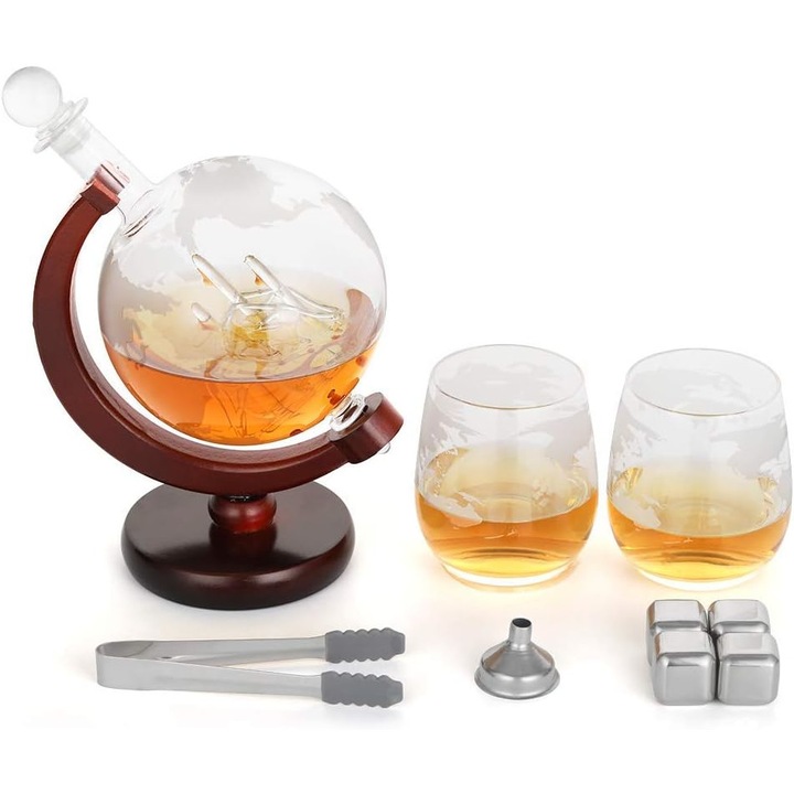 Set decantor Pahare si Pietre pentru Whisky, Cristal Gravat, 13x13x21cm