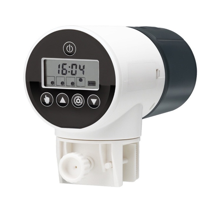 Hranitor automat pentru acvariu, Keimi, 200ml,4 metode de fixare, timer, display LCD, 2 x baterii AA, 15x11cm, negru