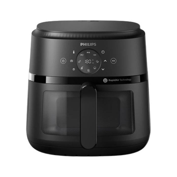Фритюрник с горещ въздух Philips Airfryer Series 2000 NA230/00, Compact Digital, 1700 W, Капацитет 6,2 литра/ 0,8 кг, Цифров дисплей, Функции за готвене 13 в 1, 9 предварително зададени програми, Компактен размер(4 порции), Лесно почистване, Черен