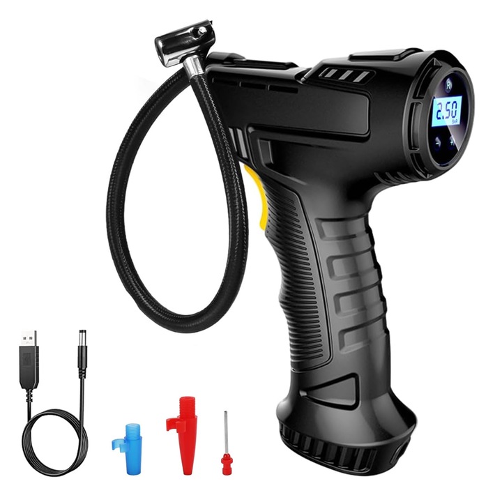 Compresor auto portabil, KEIMI, LCD Display Digital, Lampa LED, 3 duze, 2000mAh, negru