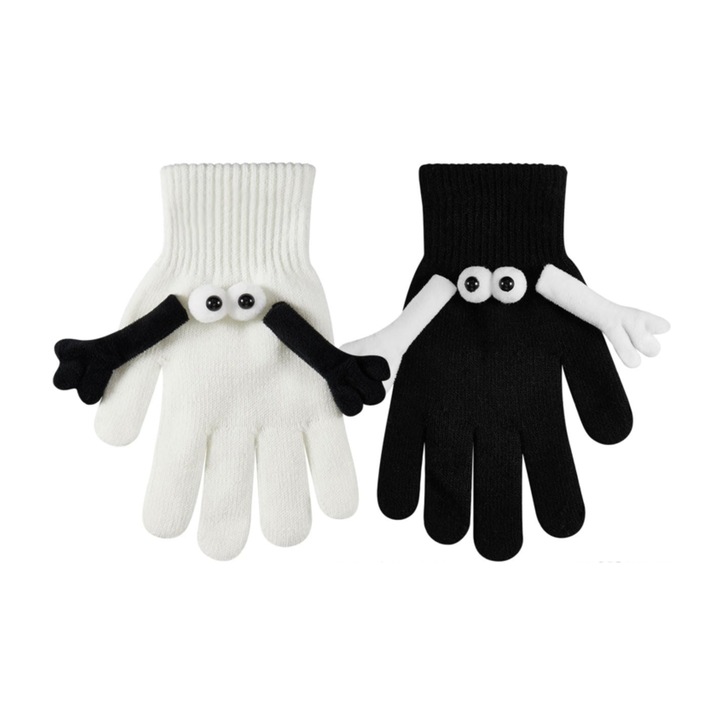 Manusi de Iarna Amuzante SATINIOR, Magnetice, Model 3D, Alb/Negru