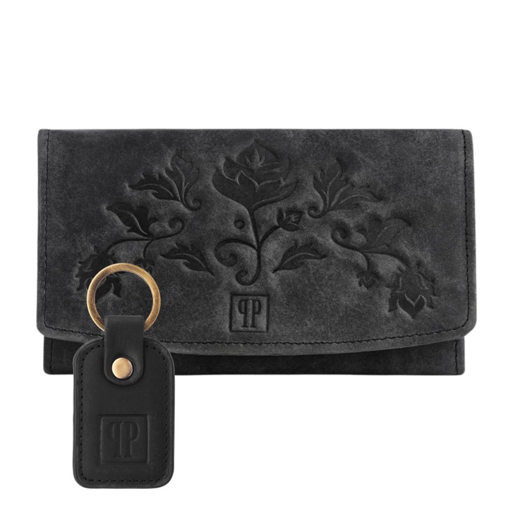 Set Portofel/breloc dama, Paolo Peruzzi, T-01, piele naturala, negru, 10x17x3cm