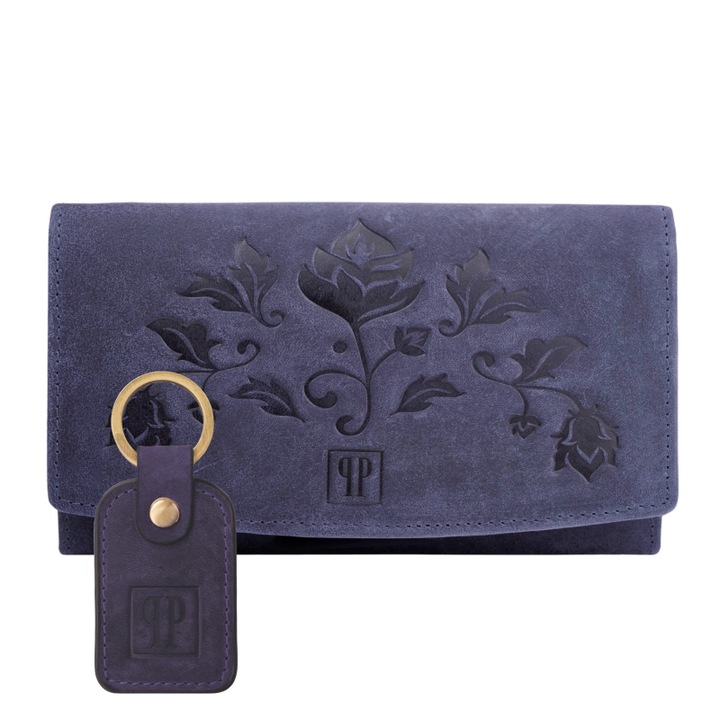 Set Portofel Dama Paolo Peruzzi T-01, Piele Naturala, RFID, Breloc T-86, 10x17x3cm, Bleumarin, 10 x 17 x 3 cm