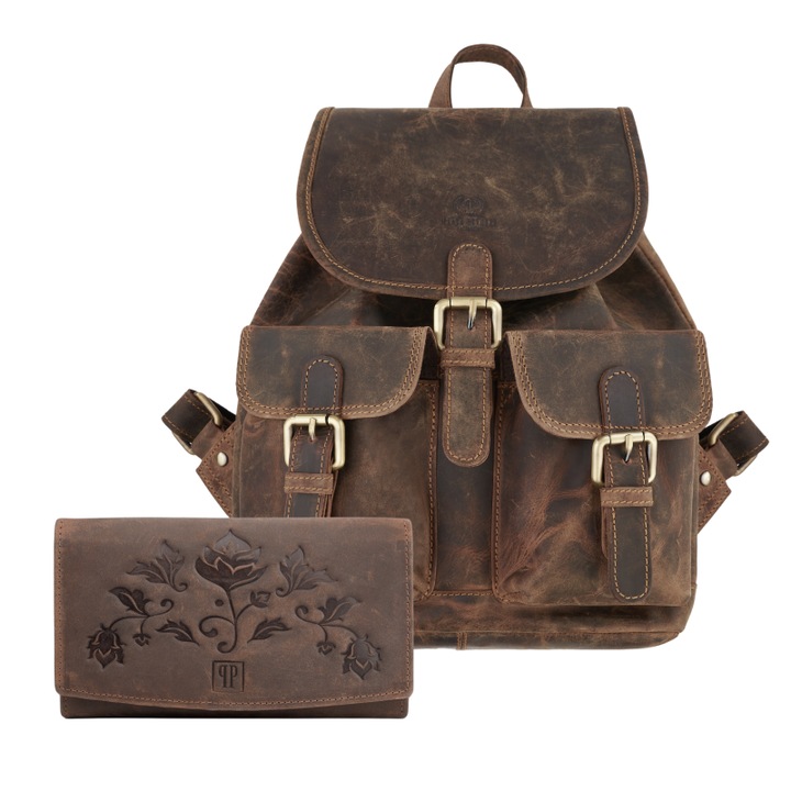 Set rucsac si portofel dama Paolo Peruzzi Vintage ZUP-26, maro, 32x30x11cm