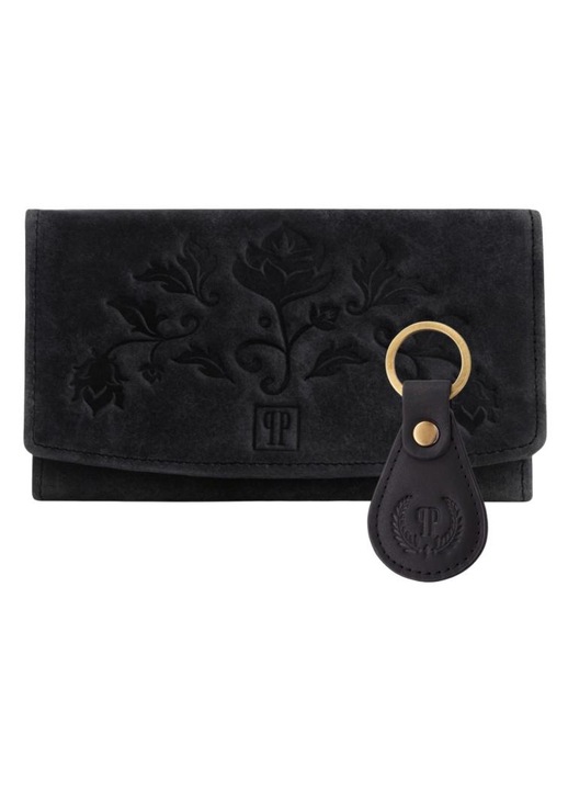 Set portofel + breloc dama T-01-BL, Paolo Peruzzi, Piele naturala, Protectie RFID, 17 x 10 x 3 cm, Negru