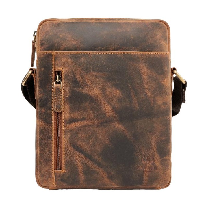 Мъжка чанта за през рамо, Paolo Peruzzi, естествена кожа, 7 джоба, 25 x 20 x 5 см, кафява