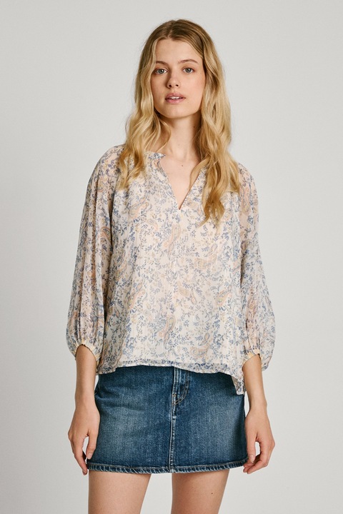 Pepe Jeans London, Bluza din sifon cu imprimeu, Albastru inchis/Bej/Alb murdar, S